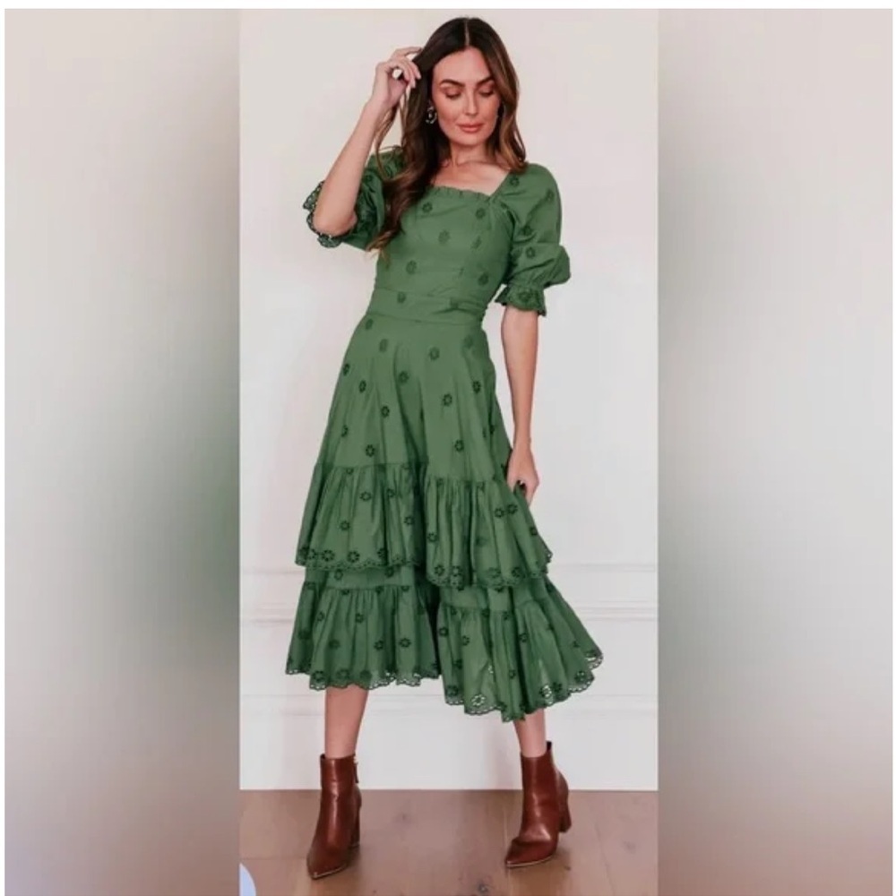 JessaKae Green Tiered Eyelet Midi Dress